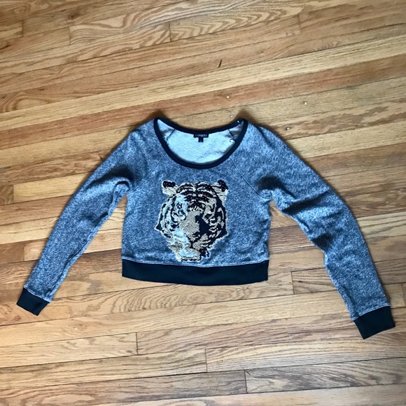 Express Cropped Sweatshirt w/Sequin and Lace Tiger - Picture 1 of 6